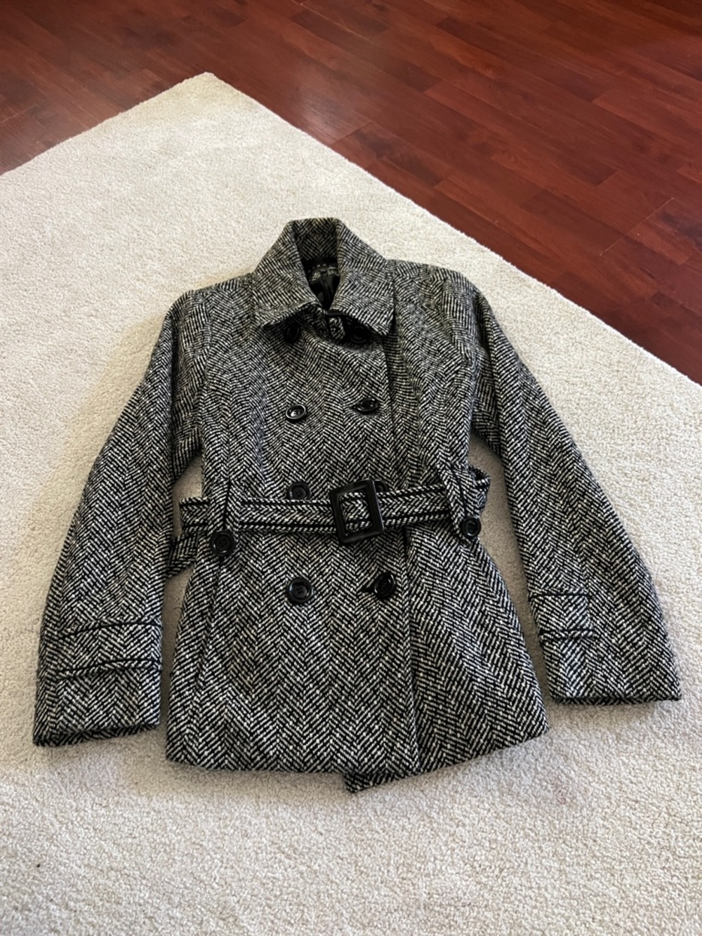 giacca Black & White Herringbone Double-Breasted Peacoat with Belt